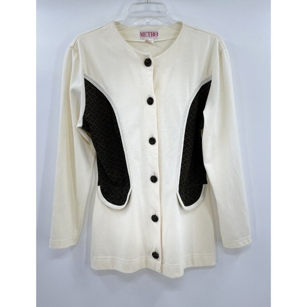 Women’s Vintage Metro Sport Ivory Button Sweater‎ Size Medium Cinched Waist